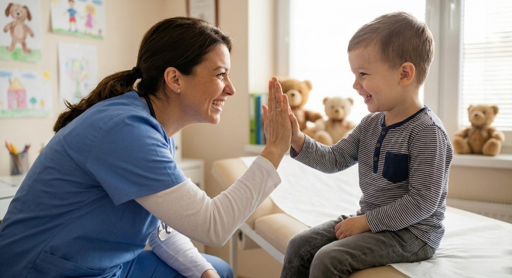 Nurse giving a high five to a young patient